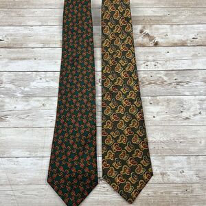 Burberrys 100% Silk Men's Neck Tie Green Patterned Lot of 2 *Stained*